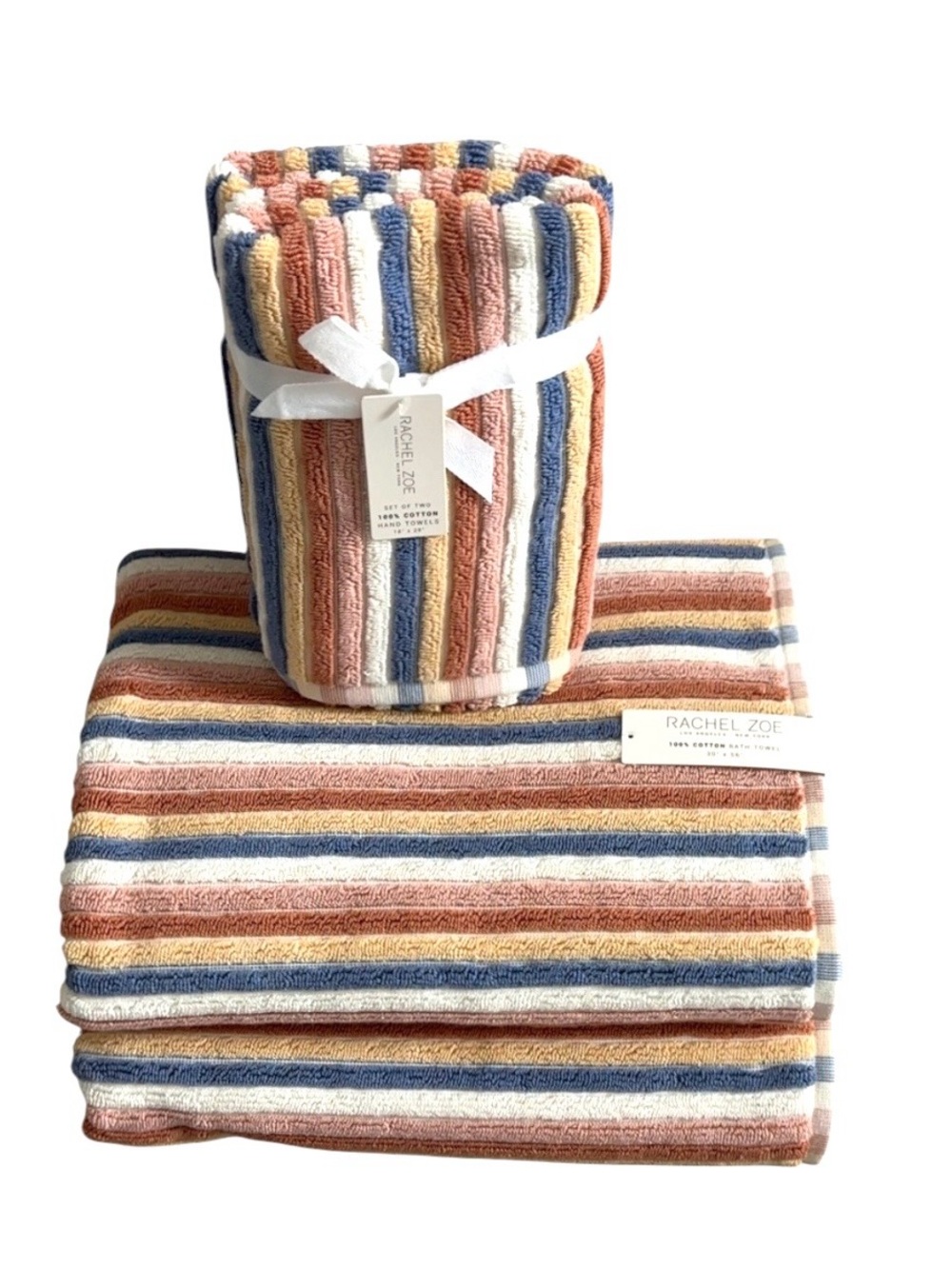 Rachel Zoe 4pc Towel Set 2 Bath 2 Hand 100% Cotton Striped NWT